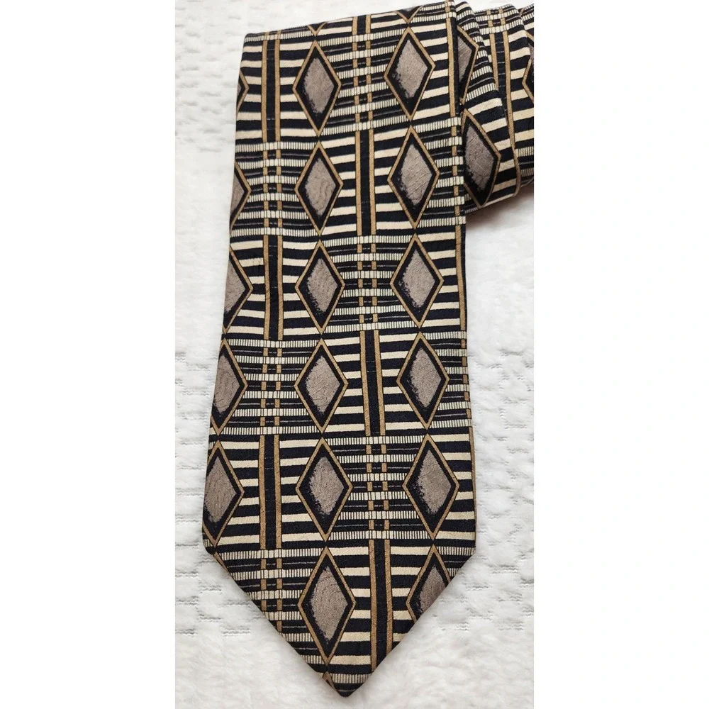 Robert Talbott Studio Silk Necktie Gold Black Silver Geometric Tie USA Made